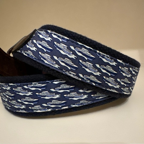 Vineyard Vines Men’s Belt S 32 Boat Blue Canvas Print Brown Leather Brass Buckle - Picture 2 of 10